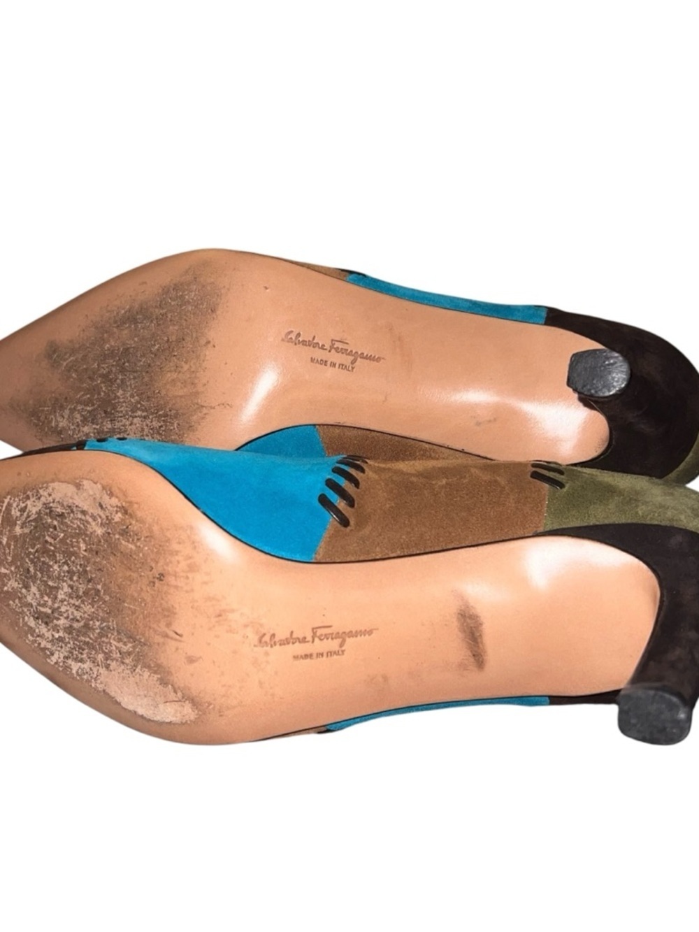 Salvatore Ferragamo Multicolor Suede Patchwork Pointed-Toe Pumps - Picture 6 of 12